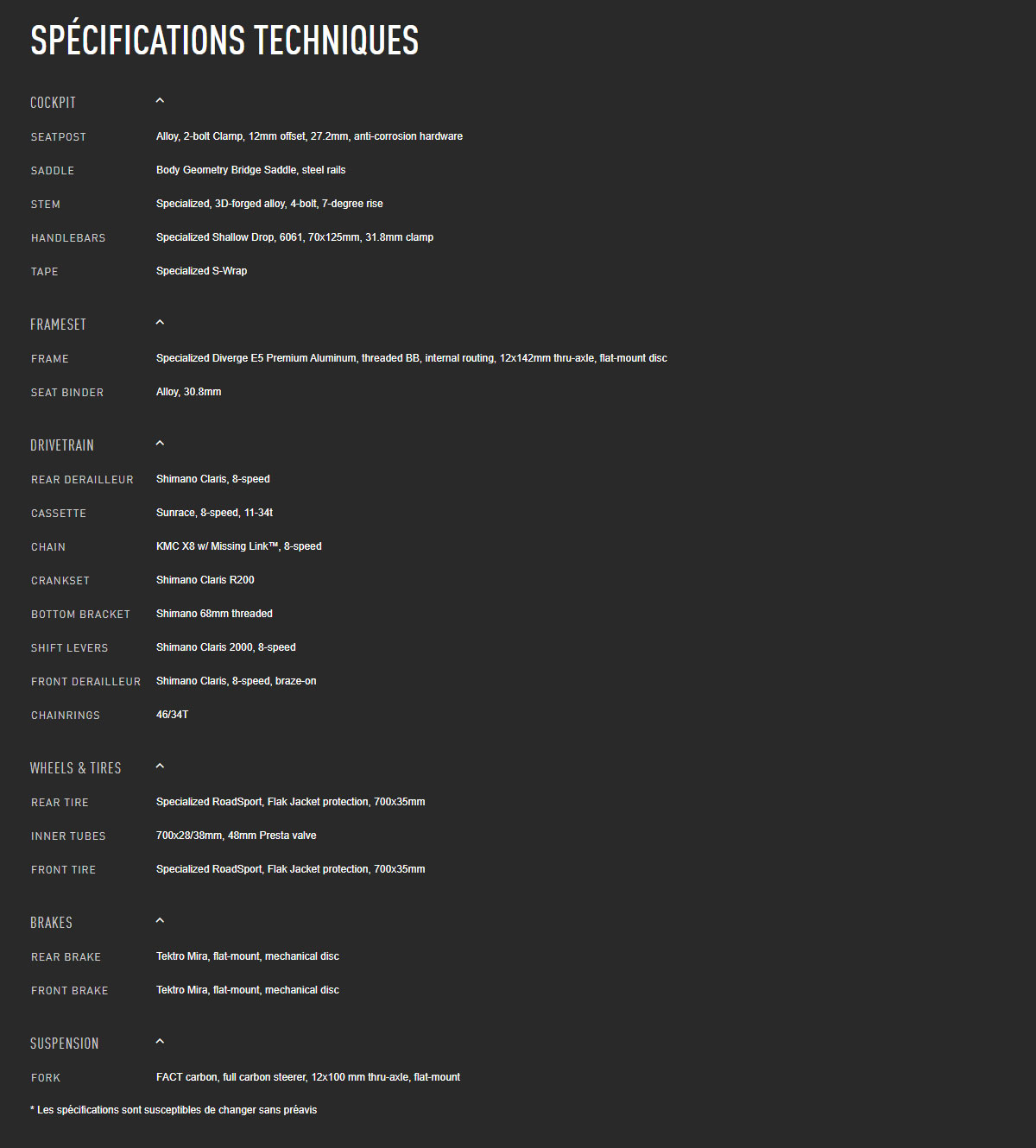 Caractéristique technique du vélo Diverge Comp année 2022