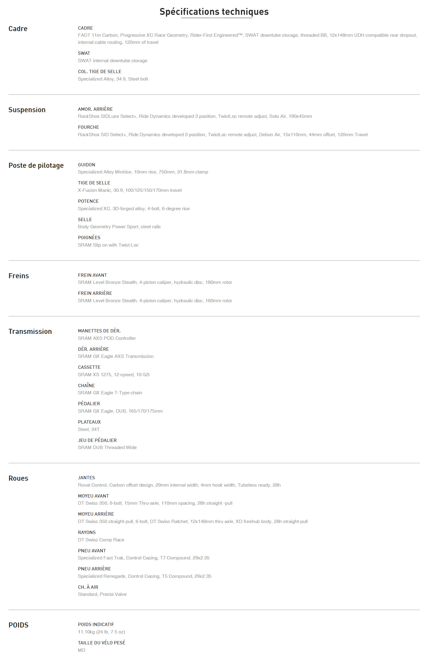 Caracteristique Technique du vélo Epic 8 Expert Année 2024