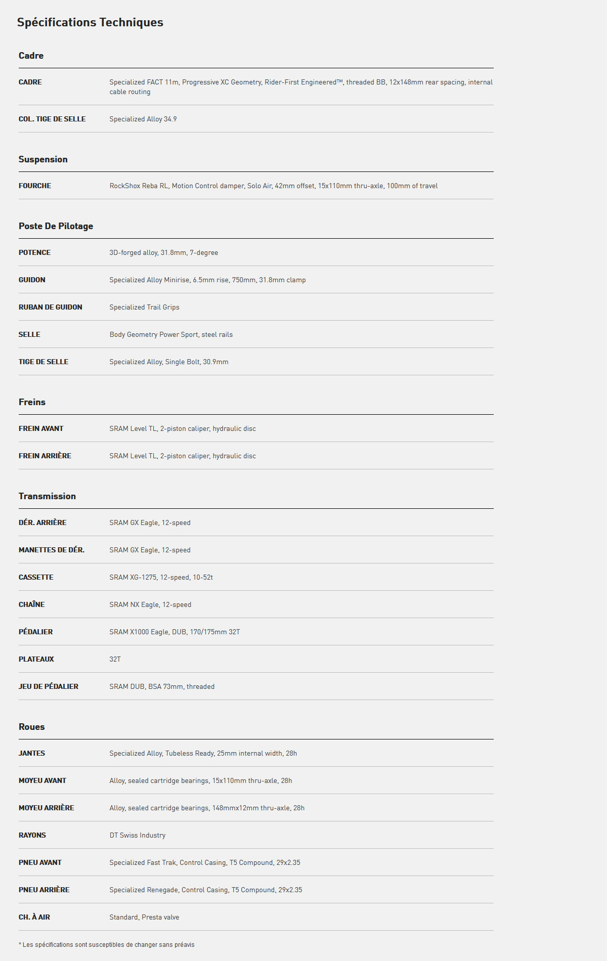 Vélo électrique Epic Hardtail Comp caracteristique technique