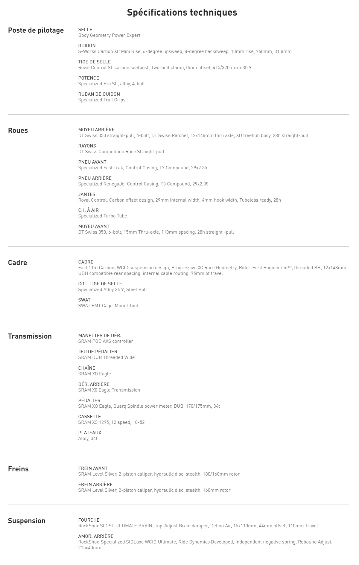 Caracteristique technique vélo électrique Epic World Cup Pro année 2023