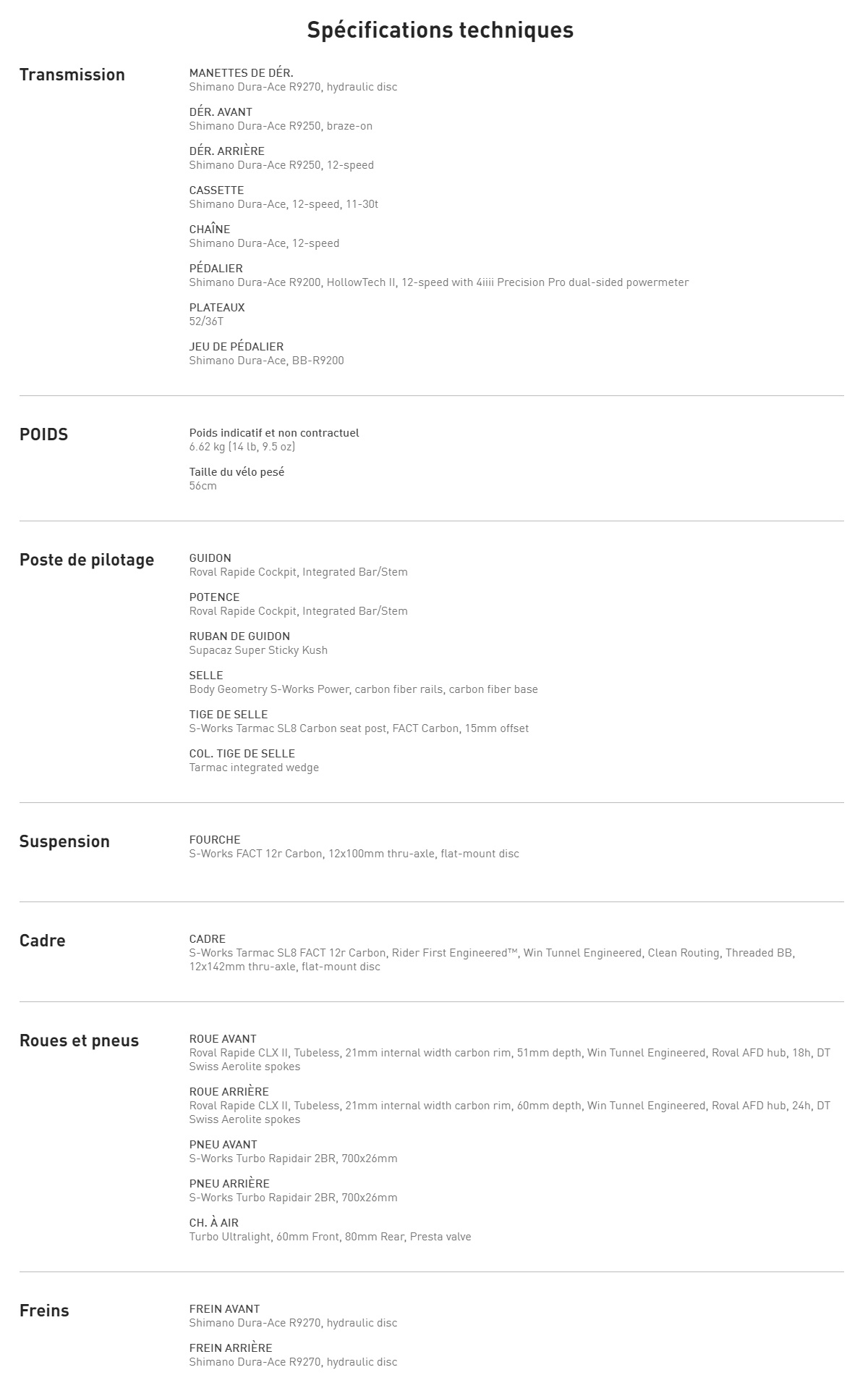 Caracteristique technique du vélo S-Works Tarmac SL8 - Shimano Dura-Ace Di2 année 2024