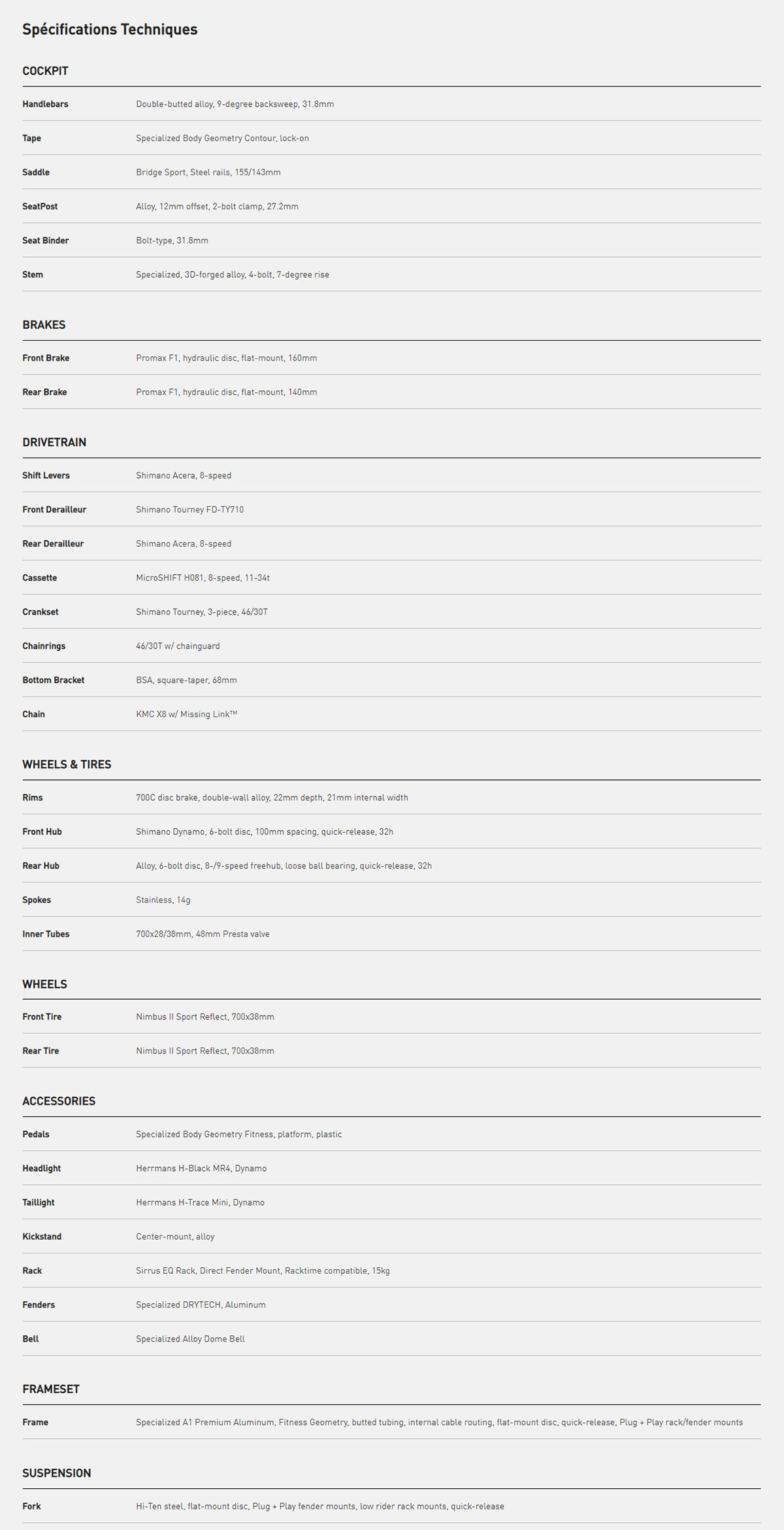 Vélo fitness Sirrus 2.0 EQ caracteristique technique