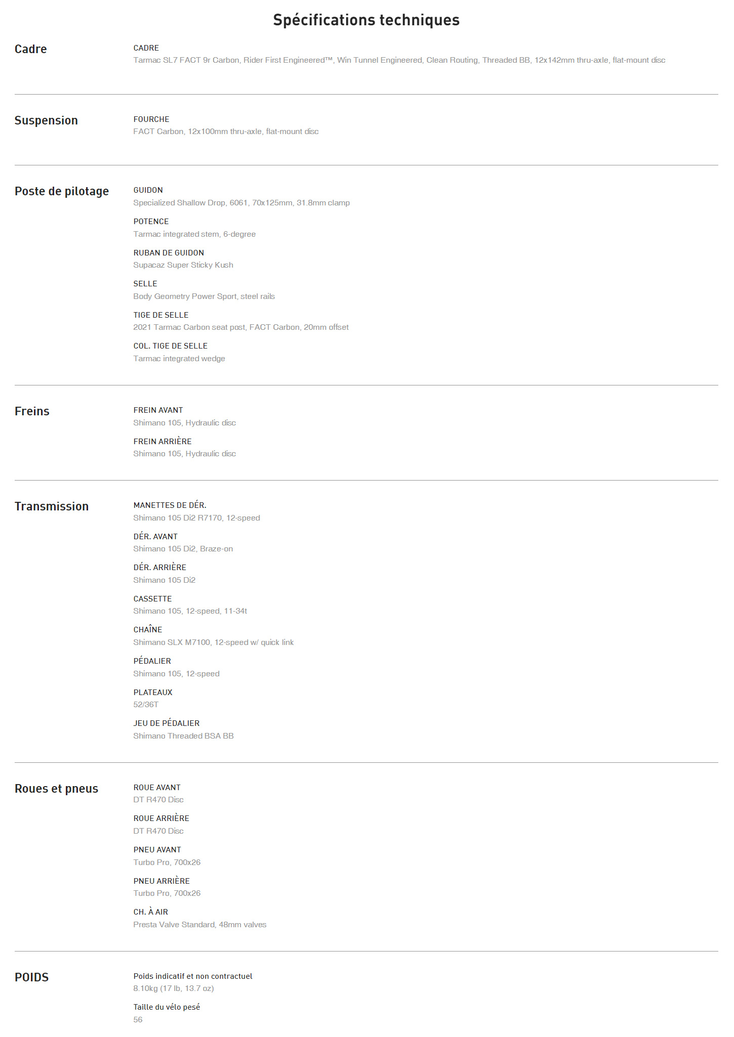 Caracteristique technique du vélo Tarmac SL7 Comp année 2024