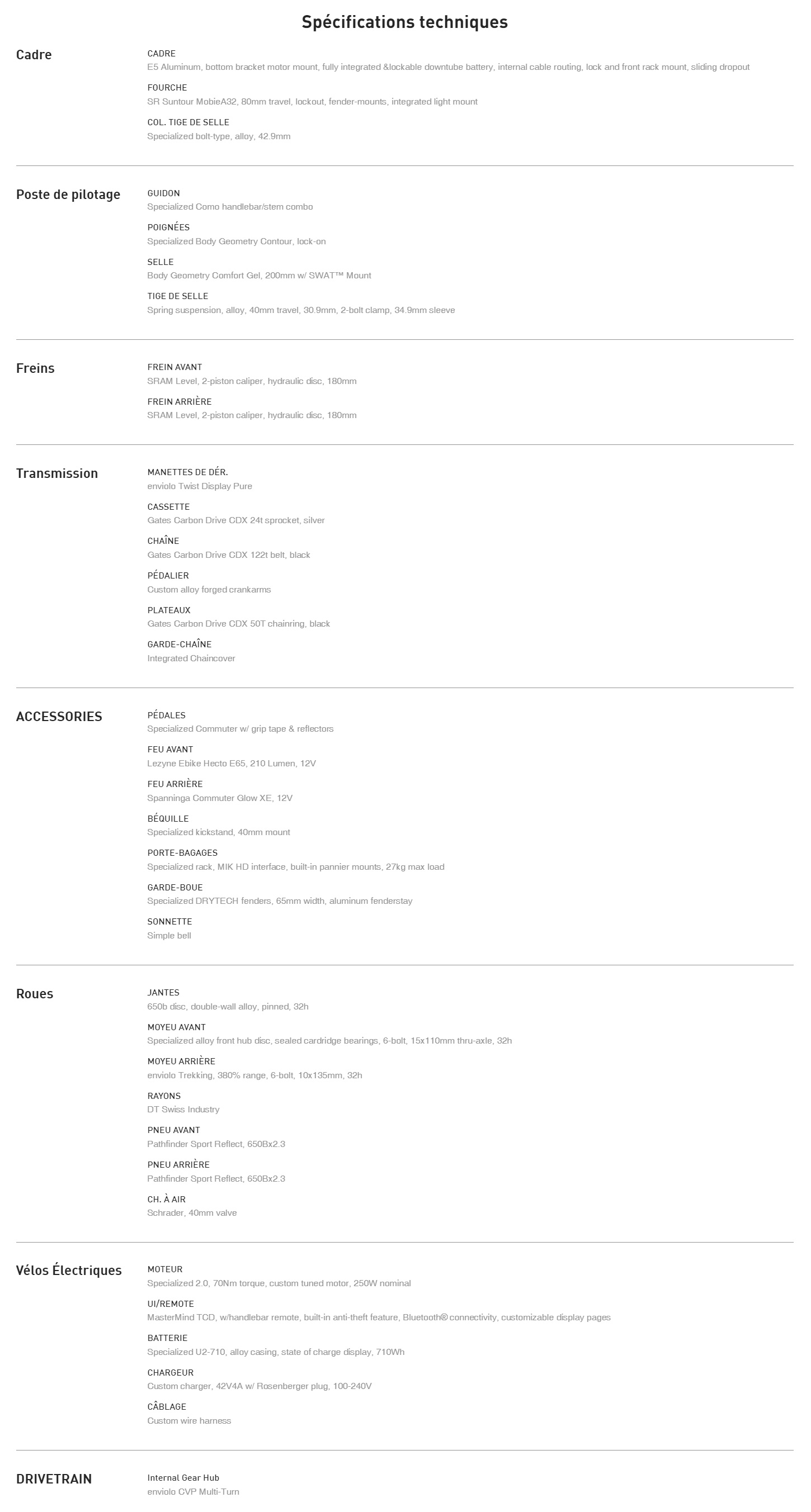 Caracteristique technique du vélo électrique Turbo Como 4.0 IGH année 2023