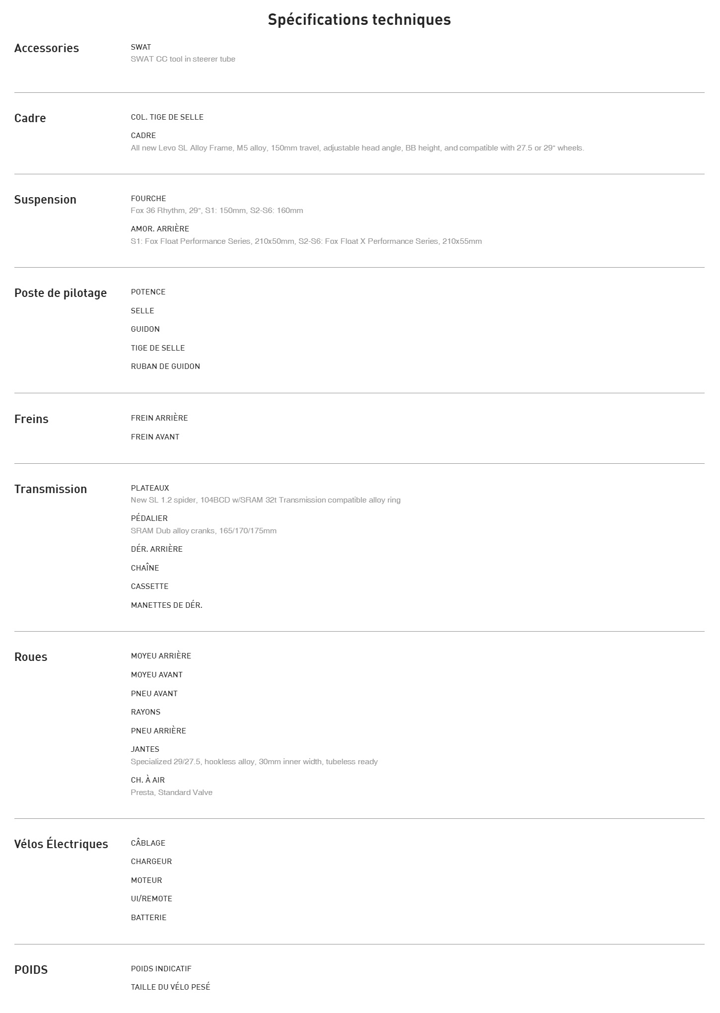 Fiche technique du vélo électrique Turbo Levo SL Comp Alloy année 2024