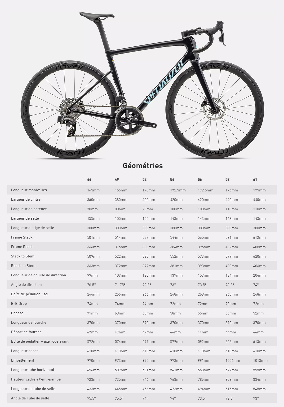 Guide de taille du vélo route Tarmac SL8 Expert année 2023