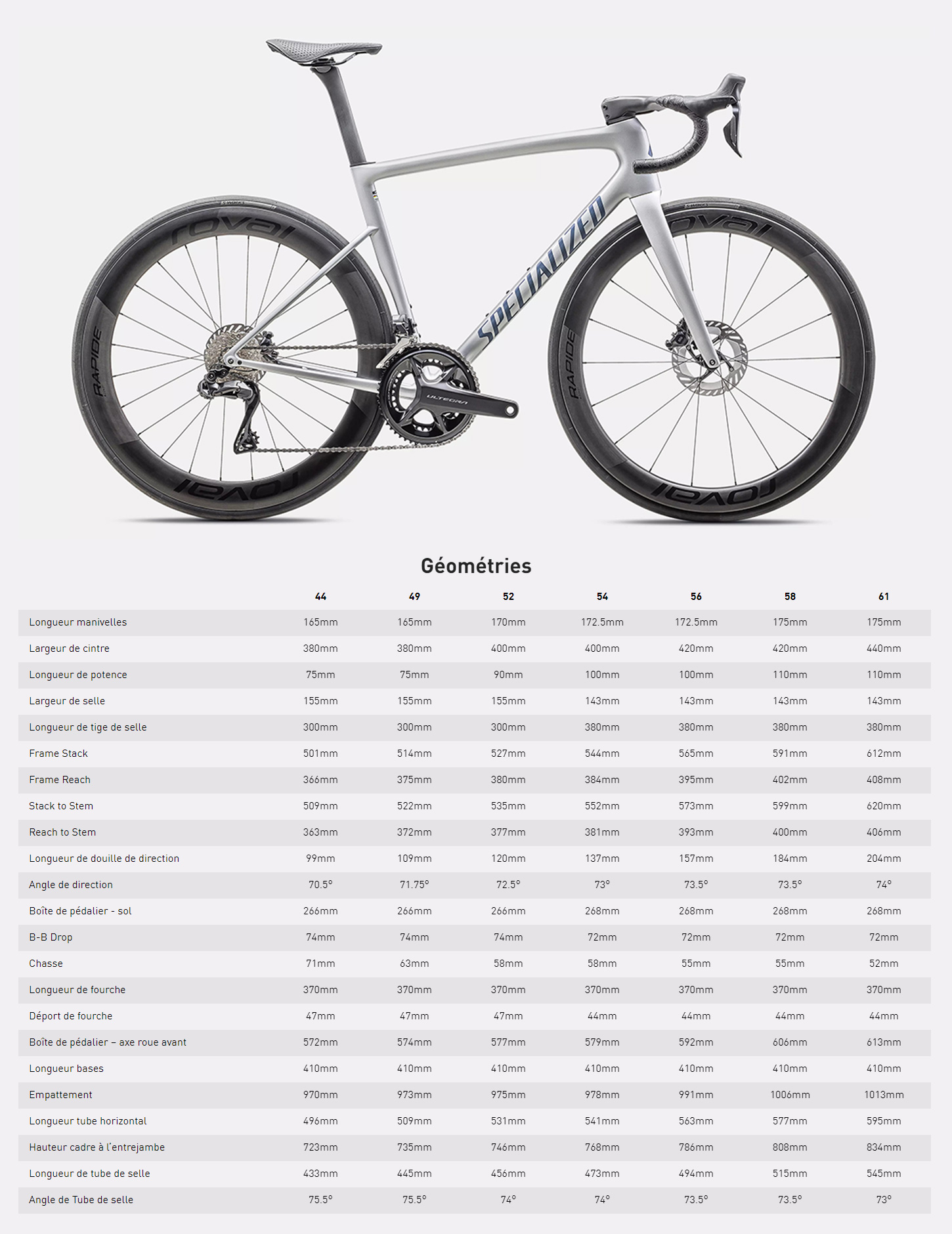 Guide de taille du vélo Tarmac SL8 Pro - Ultegra Di2 année 2025